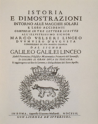 Frontispiece of Galileo's Istoria e Dimostrazioni intorno alle macchie solari